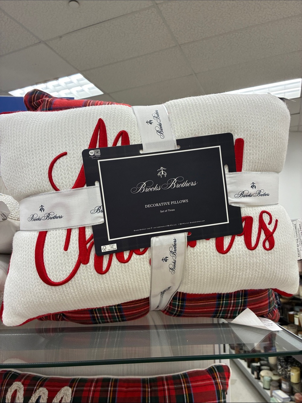 Brooks Brothers White & Red Holiday Pillow Set with Tartan Accents